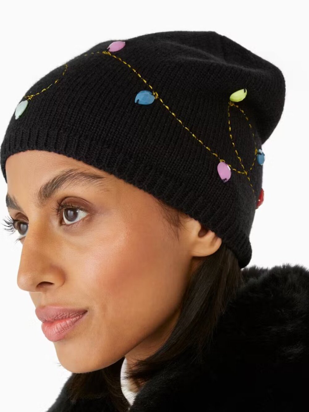 KATE SPADE Black String Lights Holiday Beanie AND String Lights Knit Scarf NWT